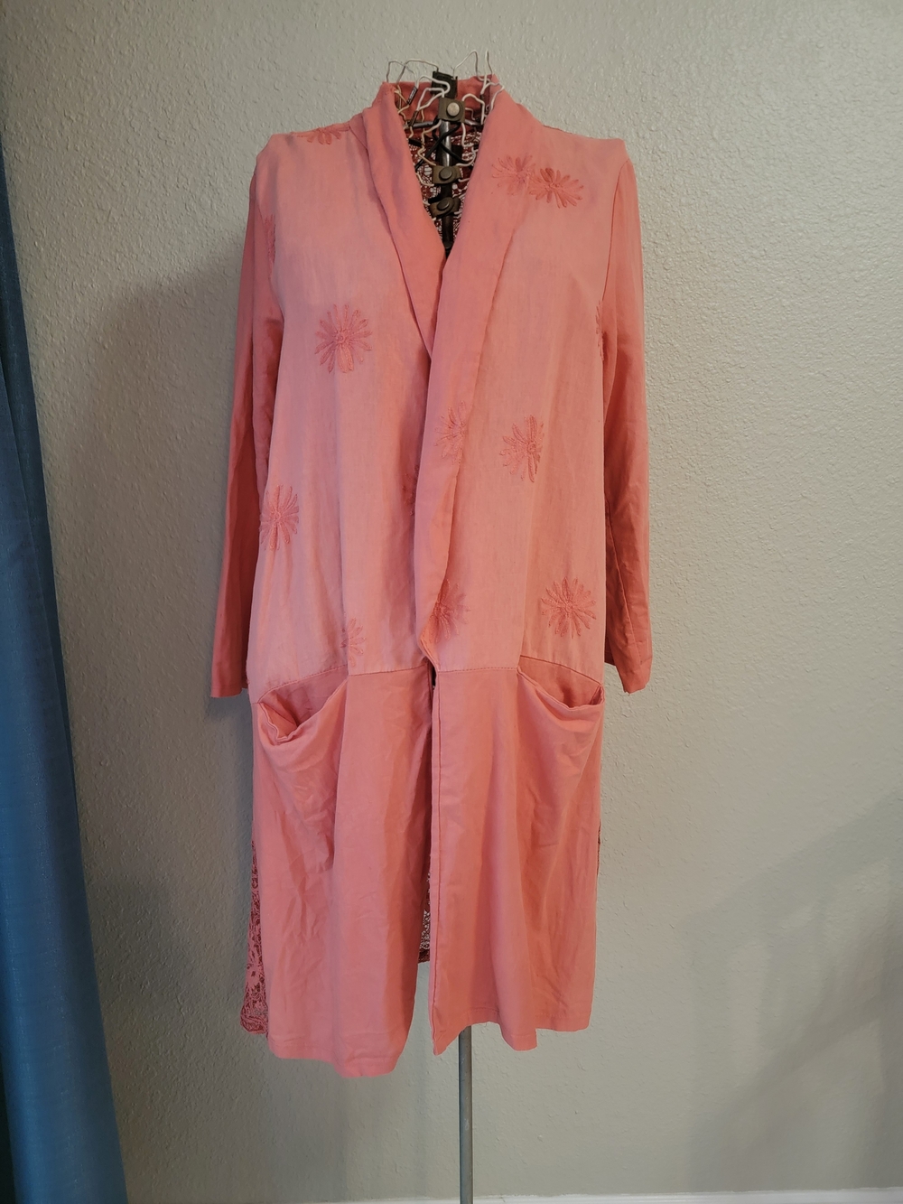Coral Pink Embroidered Open Front Long Cardigan